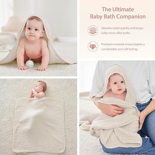 Unnivoll Hooded Baby Towels for Newborn - 2 Pack, 100% Muslin Cotton, Baby Bath Towels with Hood, Soft and Absorbent for Girls Infant, Toddler and Kids, Large 32x32 Inches, Newborn Essential thumbnail 4