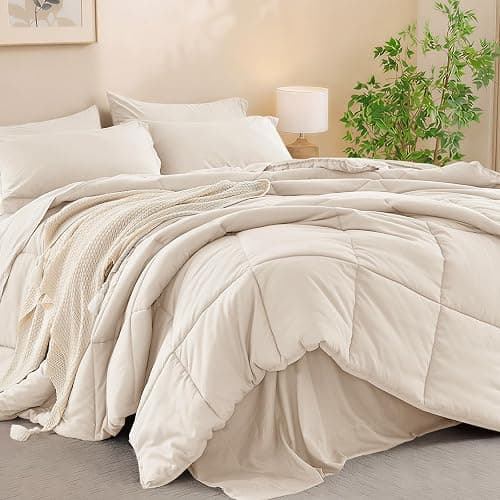 JOLLYVOGUE Queen Comforter Set, Ultra-Soft Bed in a Bag Queen Size 7 Pieces, Oeko-TEX Certified Bedding Set with Down Alternative Comforter, Sheets, Pillowcases & Shams, Beige - Image 1