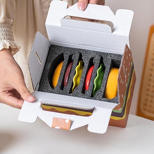 BoniIllusion Cute Hamburger Ceramic Dinnerware Set, 6-Piece Stackable Plates and Bowls Set with Lid, Microwave Safe Dinner Dessert Bowls Plates for Home Party (1-Pcs) thumbnail 6