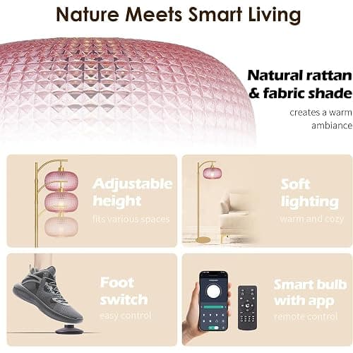 Duoled Glass Floor Lamp for Living Room, Modern Tall Standing Lamp with Pink Glass Lamp Shade, Dimmable Gold Tall Floor Lamp for Bedroom Office with Remote Control, 1 x 12W LED Bulbs Included thumbnail 3