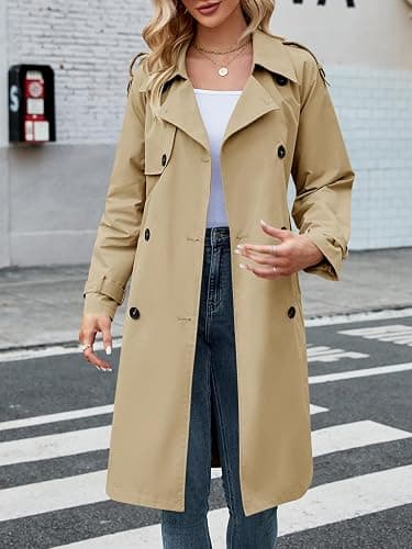 Makkrom Women's Double Breasted Long Trench Coat Windproof Classic Lapel Slim Overcoat with Belt thumbnail 3