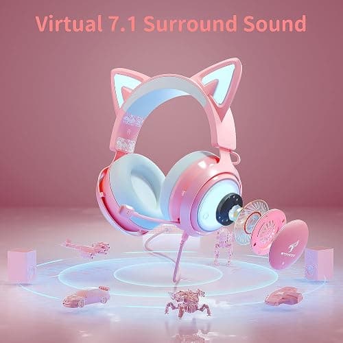 EASARS Pink Gaming Headset GS510, Wired, Over Ear, Cat Ear Design with RGB Lighting, 7.1 Surround Sound, Retractable Mic, Compatible with PC, PS4, PS5 thumbnail 4