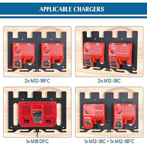 DITKOK 3-in-1 Metal Wall Mount for Milwaukee Charger, Battery and Drill, Battery Holder for 4×M12 & 4×M18 Batteries, Charger Holder for 2x M12-18C/2x M12-18FC/1x M18 DFC Chargers, Power Tool Organizer thumbnail 4
