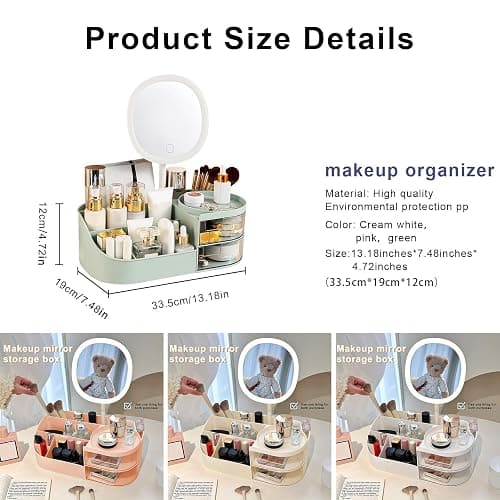 DASITON Makeup Organizer with Rechargeable Mirror,Makeup Brush Holder with 2 Drawers,Skincare and Cosmetics Organizer Countertop,Large Capacity Cosmetic Display Case for Vanity,Bedroom,Bathroom(Green) thumbnail 2