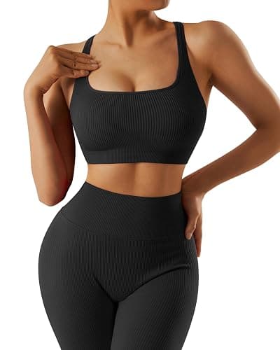 RXRXCOCO Ribbed Workout Sets for Women 2 Piece Backless Strappy Sports Bra Seamless Leggings Matching Set Yoga Outfits thumbnail 3