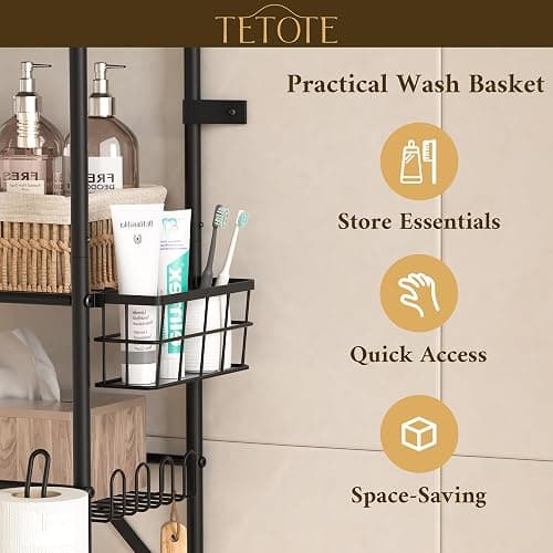 TETOTE Over The Toilet Storage Rack, 3-Tier Bathroom Organizer Shelf Over Toilet with Toilet Paper Roll Holder, Freestanding Metal Rack, Black thumbnail 5
