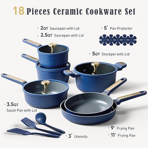 CAROTE Ceramic Cookwar Set, Pots and Pan Set Non Stick 18 Piece, Cookware Set Kitchen Cooking Set Non Toxic, PFAS PTFE Free, Blue thumbnail 2