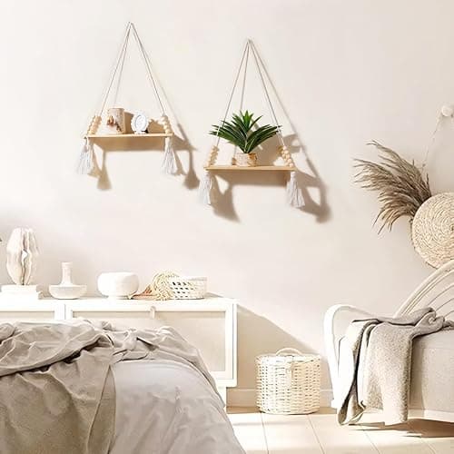 Artilady 2 Pack Wooden Wall Hanging Shelves - Macrame Hanging Plant Shelf with Tassel,Boho Storage Floating Shelves Handmade Rustic Hanger Planter Rack Pot Stand Holder thumbnail 6