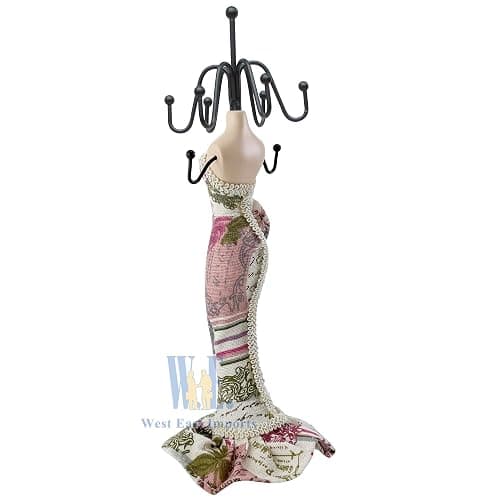 10.5" Mannequin Jewelry Stand, Tabletop Necklace & Bracelet Holder | Charming Dresser Decor: Blends an elegant floral mannequin form with functional metal hooks to elevate any vanity setup. thumbnail 6