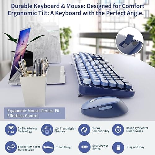 Nowlike Wireless Keyboard and Mouse Combo, Retro Typewriter Keyboard with Round Keycaps, Full-Size Ergonomic, Blue, Ideal for Windows PC, Home, Office, and College, Wireless Keyboard Mouse Combo thumbnail 5