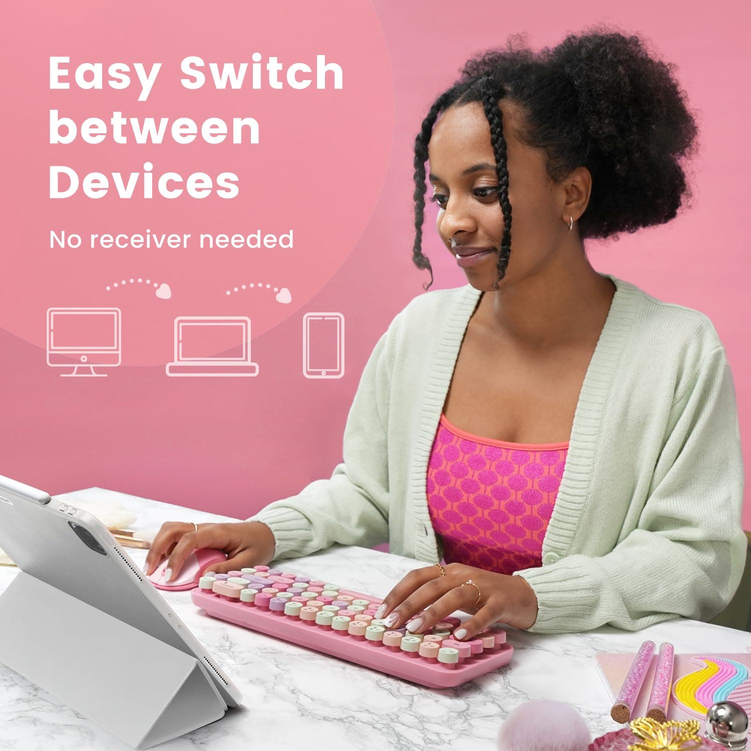 Perixx PERIDUO-802PK Bluetooth Mini Keyboard and Mouse Combo - Retro Round Key Caps - Pastel Pink - US English thumbnail 4