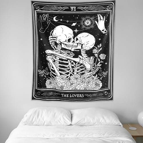 KJHL The Lovers Skull Wall Tapestry, Black and White Skeleton Wall Hanging | Gothic Room Decor,Dark Vertical Tarot Backdrop, Witchy Aesthetic Tapestries for Bedroom Living Room Dorm 60" x 44" thumbnail 4