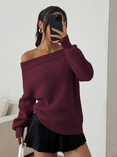 ZAFUL Sweaters for Women Off Shoulder Knit Sweater with Long Sleeve Loose Pullover Jumper Tops thumbnail 2
