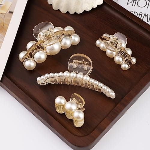 Mehayi 4 PCS Large Pearl Hair Claw Clips for Women Girls, Hair Barrette Clamps for Thick Thin Hair, Fashion Hair Accessories Headwear Styling Tools for Party Wedding thumbnail 7
