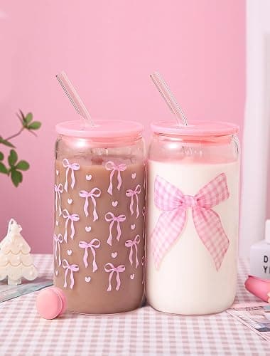 Pecfamly Aesthetic Cute Preppy Pink Bow Trendy Teen Girl Stuff Birthday Gifts for Teen Girls, Clear Reusable Iced Coffee Matcha Boba Tea Smoothie Patron Reusable Glass Cups Tumbler with Lid and Straw thumbnail 4