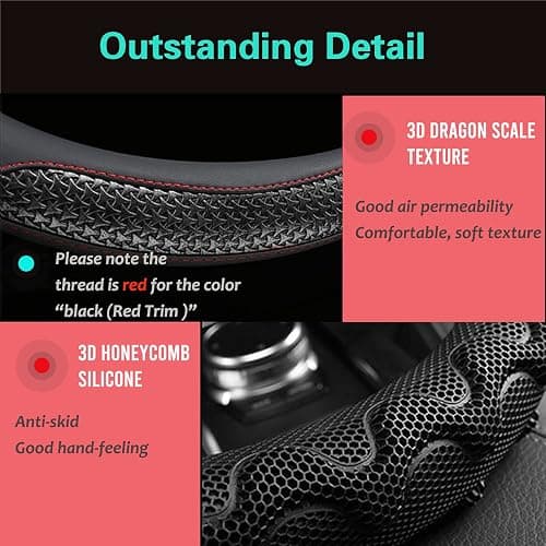 PINCTROT Steering Wheel Cover Great Grip with 3D Honeycomb Anti-Slip Design, Universal 14.5-15 Inch (Black/Red Stitch) thumbnail 3