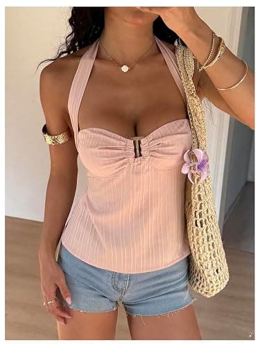 Milumia Women's Buckle Tie Backless Halter Top Y2k Pleated Going Out Tank Tops thumbnail 5