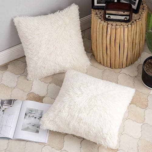 ANRODUO Pack of 2 Beige Throw Pillows Luxury Fluffy Pillows Faux Fur Decorative Pillows Plush Cushion Case Fuzzy Mongolian Merin Style for Bed Couch Sofa and Living Room Fall Home Decor 18x18 Inch thumbnail 2