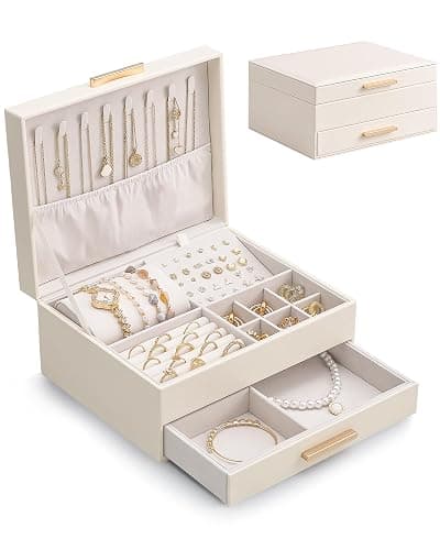 Lolalet 2-Layer Jewelry Box Organizer for Women Girls, Jewelry Storage Case Holder with Drawers for Necklaces Ring Earrings Bracelet Watch, Gifts for Galentines Valentines Girlfriend Wife -Beige - Image 1