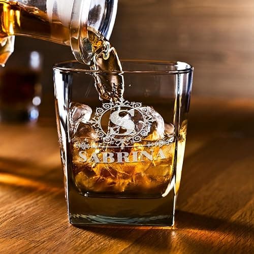 12 oz Personalized Double Old Fashioned Glass Set of 2 - Initial Block Surname Design - Black Custom Etched Cube Whiskey Glass - Perfect for Bourbon, Scotch, and Cocktails - Ideal Gift for Men thumbnail 5