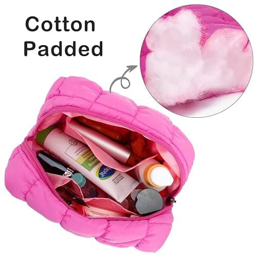 E-Tree Cute Makeup Bag,Quilted Cosmetic Bag,Make up Pouch for Purse,Toiletry Zipper Pouch,Checkered Bag,Travel Case,Storage Pouches for Organization (Hot Pink) thumbnail 4