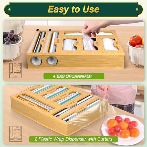 KOCWELL Bag Organizer and Plastic Wrap Dispenser with Cutter, 6 In 1 Bamboo Foil and Plastic Wrap Organizer for Kitchen Drawer, Food Storage Bag Organizer for Gallon,Quart,Sandwich,Snack(Yellow) thumbnail 4