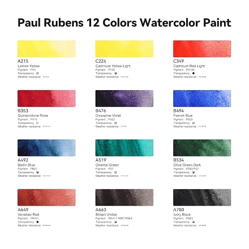 Paul Rubens Artist Watercolor Paint Set,12 Vibrant Colors in Portable Box, Great Lightfastness, Perfect Travel Professional Watercolor Set for Artists, Beginners, Adults - Black-12 Colors thumbnail 4