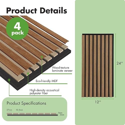 Art3d 4-Pack 12" x 24" Soundproof Wood Slat Panels, 8 sq.ft Acoustic Wall Panels, 3D Wall Panels with Wood Slat Design, Decorative Wood Wall Panel for Accent Walls-Deep Walnut thumbnail 3