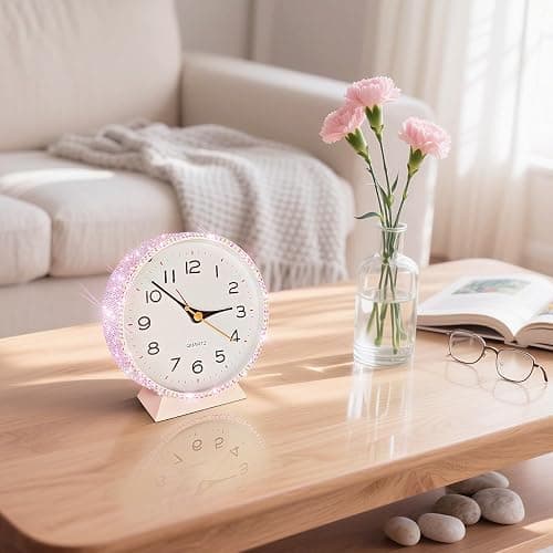 Yivaiks Shiny 4.5" Analog Alarm Clock，Bling Small Silent Retro Desk Clock，Metal Glitter Clock Table Decor for Living Room, Bedroom, Bedside, Shelf (Pink) thumbnail 6