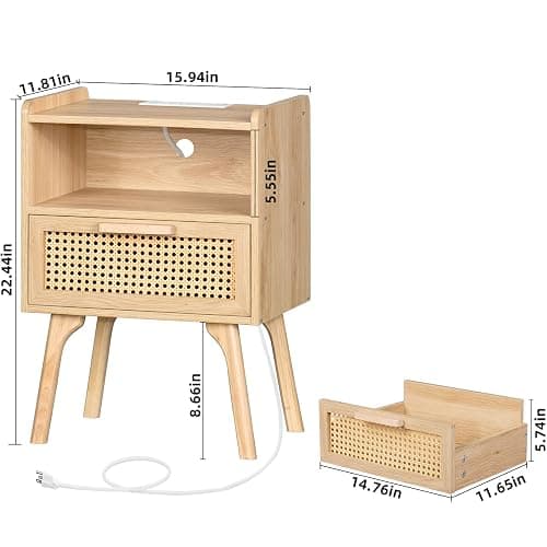 Lerliuo Rattan Nightstands Set of 2 with Charging Station, Boho Night Stand | Handmade Natural Rattan Drawer and Open Shelf, Side End Tables with Solid Wood Legs for Bedroom, Dorm, Small Spaces thumbnail 3