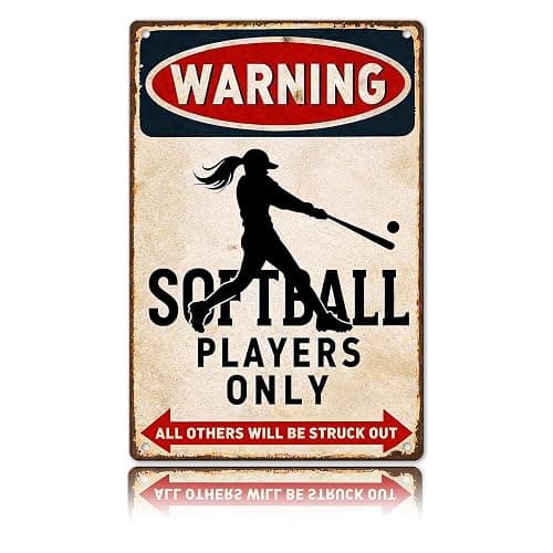CrazySign Funny Softball Gifts for Girls, Players & Coaches - Warning Softball Players Only Vintage Metal Sign - Cool Sports Wall Art Decor for Bedroom, Locker Room, Team Gift, 8x12 Inch (26011) - Image 1
