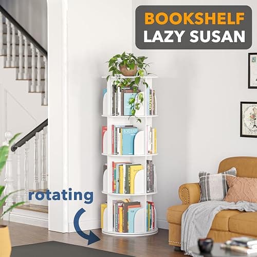 SpaceAid 4 Tier Rotating Bookshelf Tower, Spinning Bookcase Lazy Susan, Revolving 360 Book Shelf Storage Round Carousel, Vertical Rotate Turning Spiral Corner Organizer, White thumbnail 4