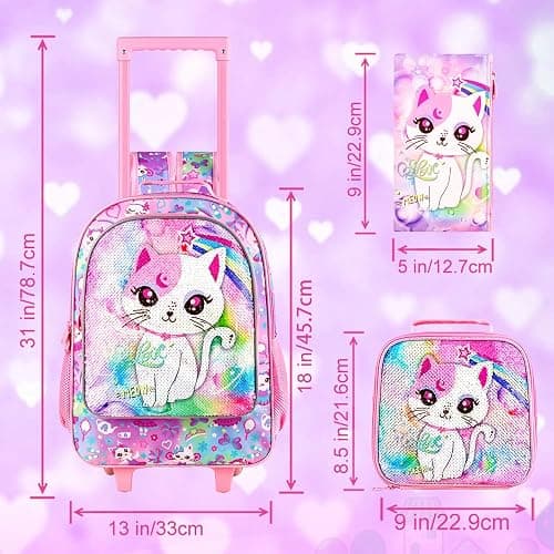 4PCS Kids Rolling Backpack for Girls, Cute Cat Sequin Wheeled Bookbag, Pink Roller School Bag with Wheels for Elementary Preschool Travel thumbnail 3