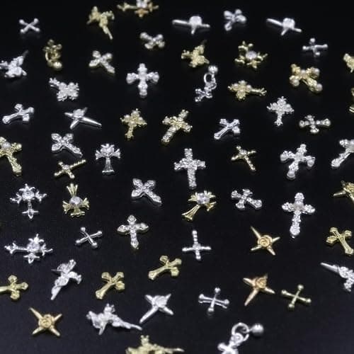 80Pcs Cross Nail Charms Gold Silver Y2k Nail Art Rhinestones Gems | Shiny Nail Jewelry Acrylic Nail Accessories for Women DIY Manicure Decorations thumbnail 6
