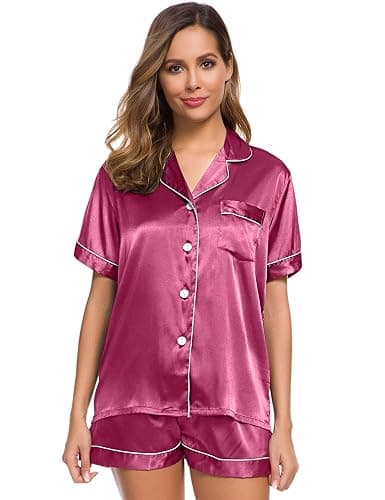 SWOMOG Womens Silk Satin Pajamas Set Short Sleeve Sleepwear Button Down Top and Shorts Loungewear 2 Piece Pjs Set XS-3XL thumbnail 2
