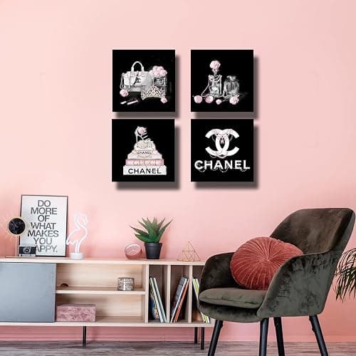 Meetdeceny Black And White Wall Art/Pink Book Pictures Room Decor for Teen Girls/Women Handbag Perfume Wall Decor for Living Room/Fashion Canvas Artwork Size 10"x 10"x 4 Pieces thumbnail 2