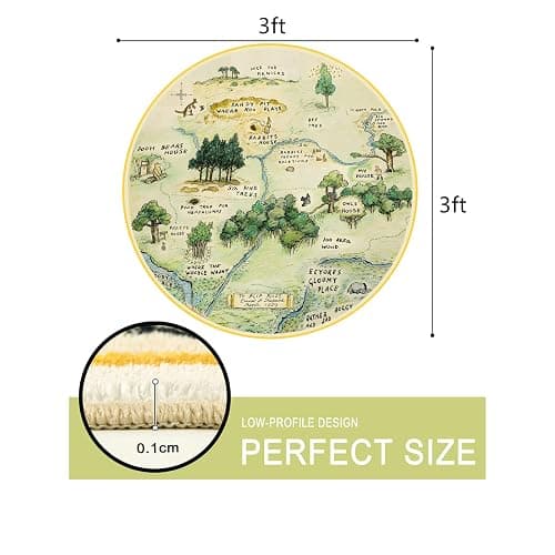 Estmy Washable Vintage Woodland Rug, 3ft Cute Fun Nursery Rugs for Girls Boys Neutral, Soft Stain Resistant Hundred Acre Wood Map Carpet, Cartoon Retro Kids Play Roud Rug Circle Infant Playmat thumbnail 2