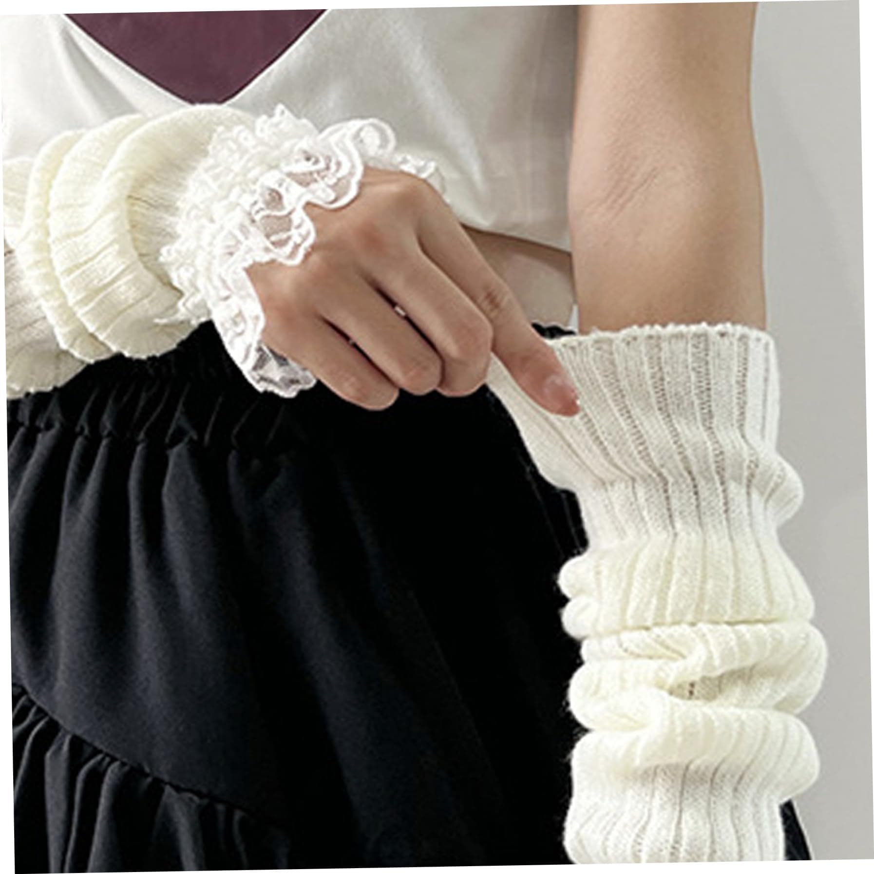 Knitted Arm Warmers, Kawaii Knit Wrist Warmers with Lace, Long Japanese Harajuku Goth Fingerless Sleeve for Goth, JK Uniform and Lolita Outfits/17.7, White, White thumbnail 5