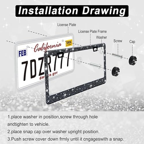 Amiss Bling License Plate Frame for Women, 2Pack Rhinestone Handcrafted Crystal Premium Stainless Steel, Stainless Steel Car Accessories with Diamond Sparkle Glitter Caps (Black) thumbnail 4