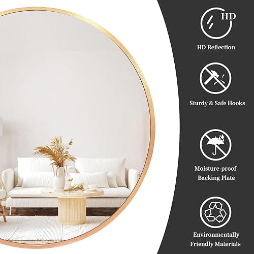VASUHOME 24 Inch HD Gold Round Mirror for Wall, Modern Circle Mirror with Aluminium Frame, Decorative Wall Round Mirror for Bathroom, Living Room, Bedroom, Entryway thumbnail 6