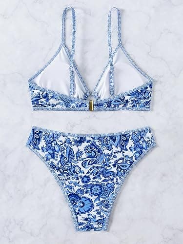 Tainehs Women's Two Piece Bikini Sets O Ring Front Top Ditsy Floral Triangle Swimsuits Cheeky Bathing Suit thumbnail 5