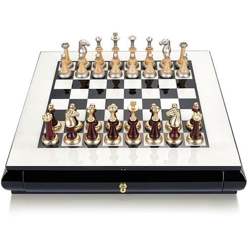 AMEROUS 16 Inches Wooden Chess Set, Large Size Board with 2 Built-in Storage Drawers - 2 Extra Queens - Metallic & Wooden Chess Pieces - Gift Packaging, Board Games for Adults and Kids thumbnail 4