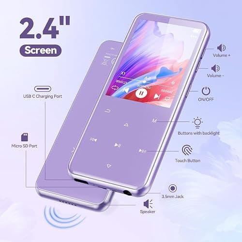 AGPTEK 64GB MP3 Player with Bluetooth, M3 2.4'' Player with Speaker | with FM Radio, Touch Buttons, Supports Up to 128GB(Purple) thumbnail 5