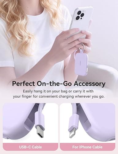 RORRY CharmGo Portable Charger, 5000mAh Power Bank with Built-in Cables | 20W,Keychain,Travel Essential,Battery Pack,USB-C,Compact,All in Mini,for iPhone18 Pro Max/17-15,for AirPods 3/4/Pro,for iPad thumbnail 2
