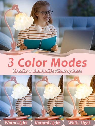 AQDZCNF Flower Table Lamp,LED Reading Light Bedside Vintage Flower Night Light,3 Colors Modes Kawaii Bedside Lamps Decor,Living Room Bedroom Room Lighting Table Lamps Home Decoration (Pink) thumbnail 2