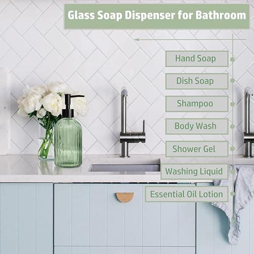 14 Oz Black Pump Glass Soap Dispenser, Green Stripe Countertop Refillable Liquid Bottle Hand Dish Lotion Dispenser with Plastic Pump, for Kitchen, Bathroom thumbnail 5