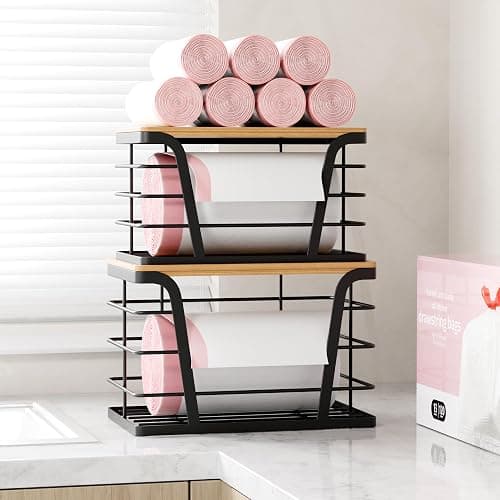 TIDIIABODE 2 Pack Stackable Storage Laundry Kitchen Organizers, Wall Mount Trash Bag Holder with Bamboo Top and Garbage Bag Dispenser No Drill thumbnail 8