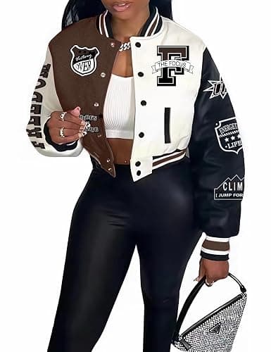 Flygo Women's Cropped Varsity Jacket Baseball Jacket Colorblock Letter Print Y2k Button Down Bomber Uniform - Image 1