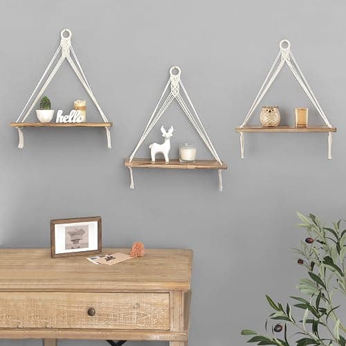 Mkono Macrame Hanging Shelves Boho Wall Decor Set of 3 Rustic Wood Floating Storage Shelf for Bedroom Bathroom Living Room Nursery Dorm Room, Display Shelving for Hanging Plants Photos thumbnail 4