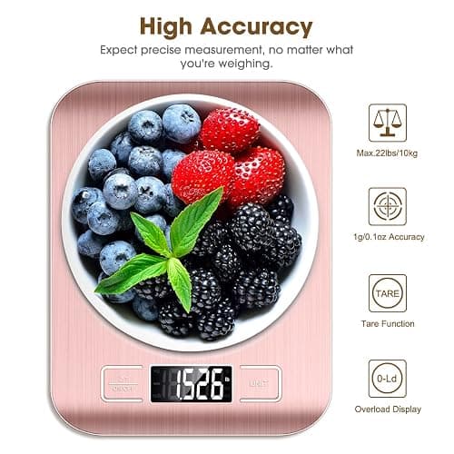 Mik-Nana Food Scale Pink, 10kg/22lb Digital Kitchen Scale Weight Grams and Oz for Baking and Cooking, 1g/0.1oz Precise Graduation, Easy Clean Stainless Steel thumbnail 4